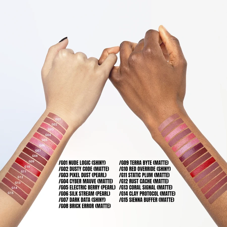 Swatch arm delle 15 shades del rossetto stick di Rybella Lip Glitch